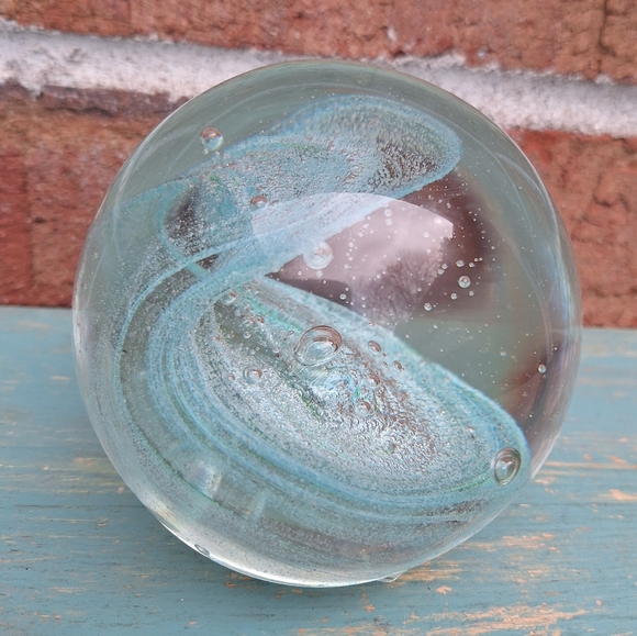 Bubble Glass Paper Weight Hand Made Blown Magic Teal Aqua Green Tinted Pearl - Picture 9 of 16